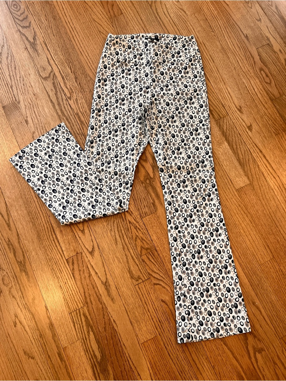 RAFFINALLA - Circle Printed Boot Cut Pants in Navy, Grey, Cream & White Pattern